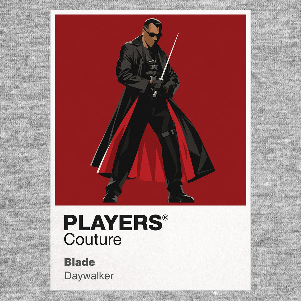 Blade Blade's black armour, sword and Daywalker presence against the vampire underworld Icon Frame artwork in grey