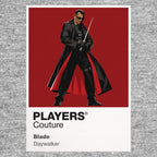 Blade Blade's black armour, sword and Daywalker presence against the vampire underworld Icon Frame artwork in grey
