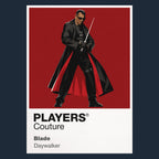 Blade Blade's black armour, sword and Daywalker presence against the vampire underworld Icon Frame artwork in navy