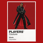 Blade Blade's black armour, sword and Daywalker presence against the vampire underworld Icon Frame artwork in red