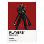 Blade Blade's black armour, sword and Daywalker presence against the vampire underworld Icon Frame artwork on white