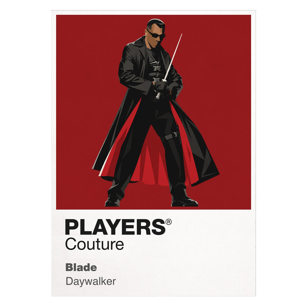 Blade Blade's black armour, sword and Daywalker presence against the vampire underworld Icon Frame artwork on white