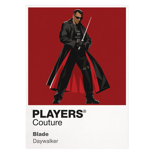 Blade Blade's black armour, sword and Daywalker presence against the vampire underworld Icon Frame artwork on white