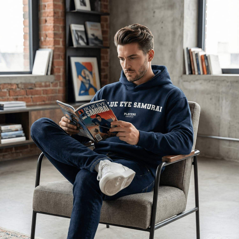 Blue Eye Samurai hoodie, man reading comic book