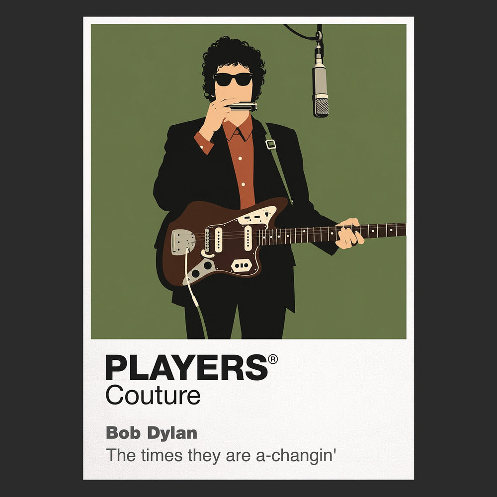 Bob Dylan Bob Dylan's guitar, harmonica and 1960s folk-rock silhouette Icon Frame artwork in black
