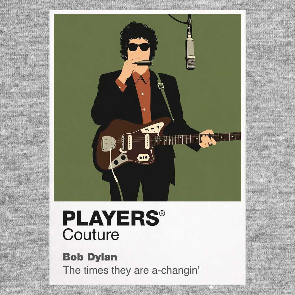 Bob Dylan Bob Dylan's guitar, harmonica and 1960s folk-rock silhouette Icon Frame artwork in grey