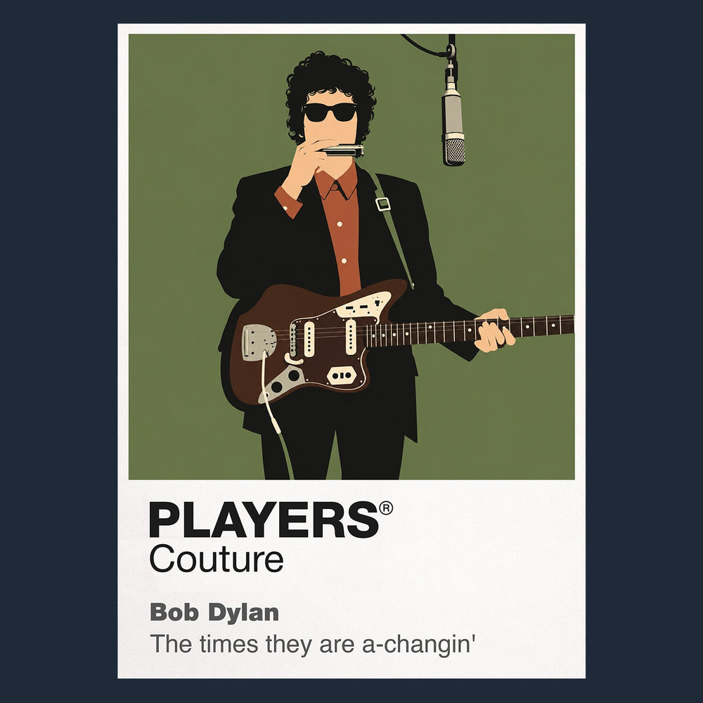 Bob Dylan Bob Dylan's guitar, harmonica and 1960s folk-rock silhouette Icon Frame artwork in navy