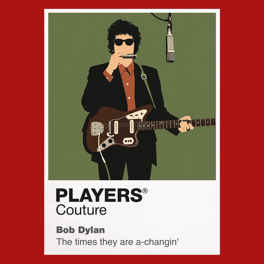 Bob Dylan Bob Dylan's guitar, harmonica and 1960s folk-rock silhouette Icon Frame artwork in red