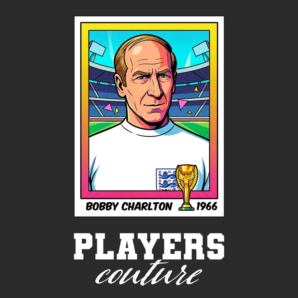 Bobby Charlton World Cup Sticker Men's T-Shirt – black close-up detail shot of the Bobby Charlton World Cup Players Couture