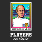 Bobby Charlton World Cup Sticker Men's T-Shirt – black close-up detail shot of the Bobby Charlton World Cup Players Couture
