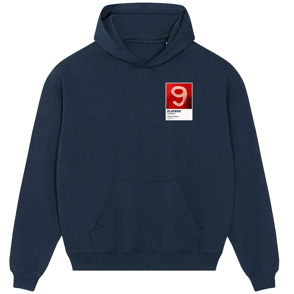 Bobby Charlton 9 Football hoodie – navy men's hoodie featuring the Bobby Charlton 9 Football Players Couture logo