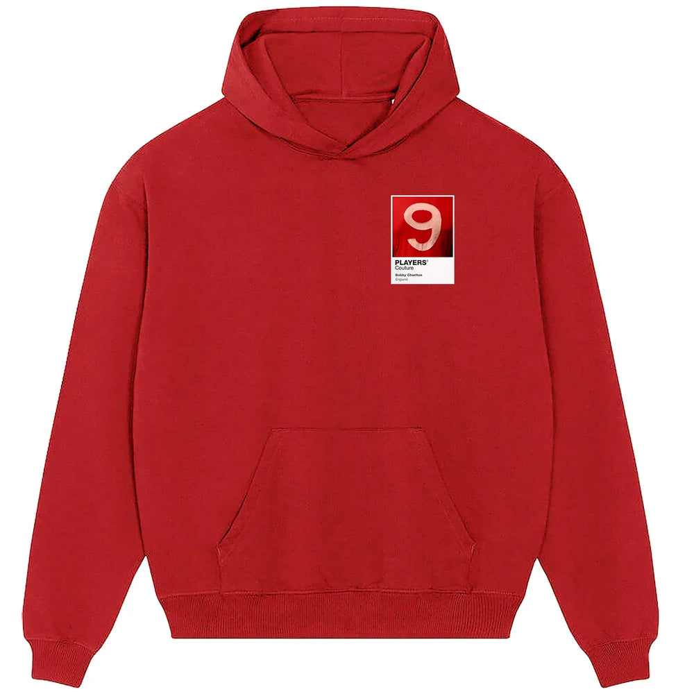 Bobby Charlton 9 Football hoodie – red men's hoodie featuring the Bobby Charlton 9 Football Players Couture logo