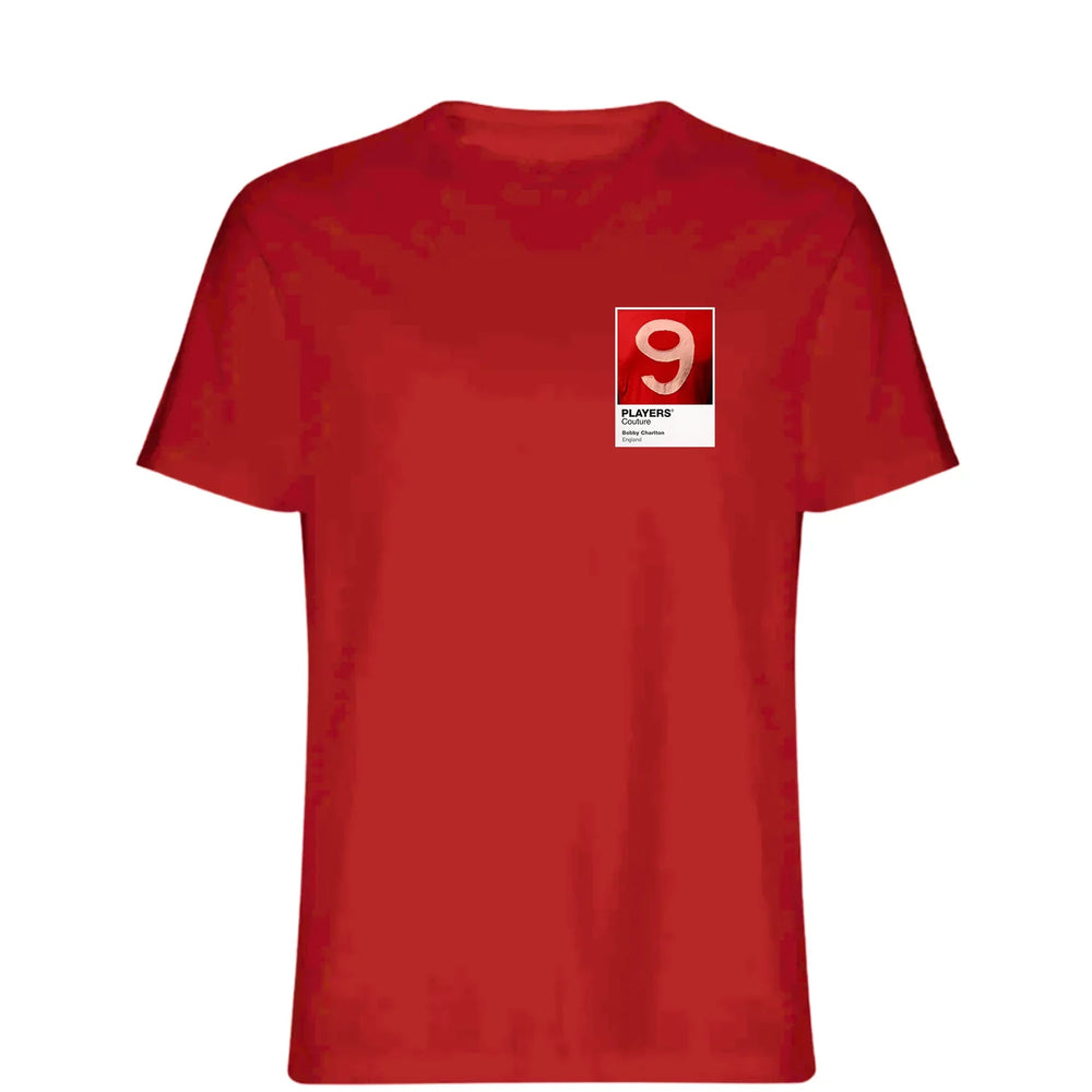 Bobby Charlton 9 Football t-shirt – red men's t-shirt featuring the Bobby Charlton 9 Football Players Couture logo
