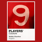 Bobby Charlton 9 Football Shirt Frame Men's Hoodie – red close-up detail shot of the Bobby Charlton Players Couture logo