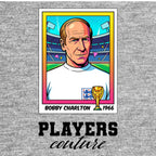 Bobby Charlton World Cup Sticker Men's T-Shirt – grey close-up detail shot of the Bobby Charlton World Cup Players Couture