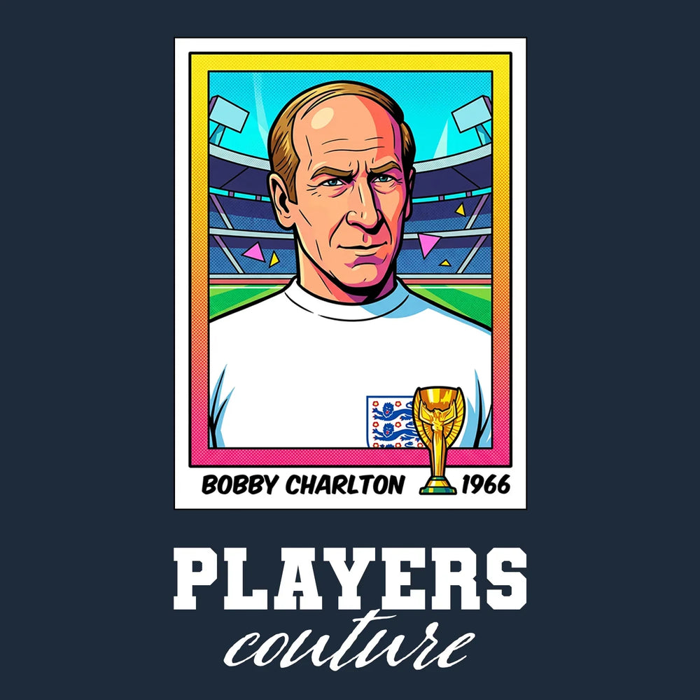 Bobby Charlton World Cup Sticker Men's T-Shirt – navy close-up detail shot of the Bobby Charlton World Cup Players Couture