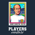 Bobby Charlton World Cup Sticker Men's T-Shirt – navy close-up detail shot of the Bobby Charlton World Cup Players Couture
