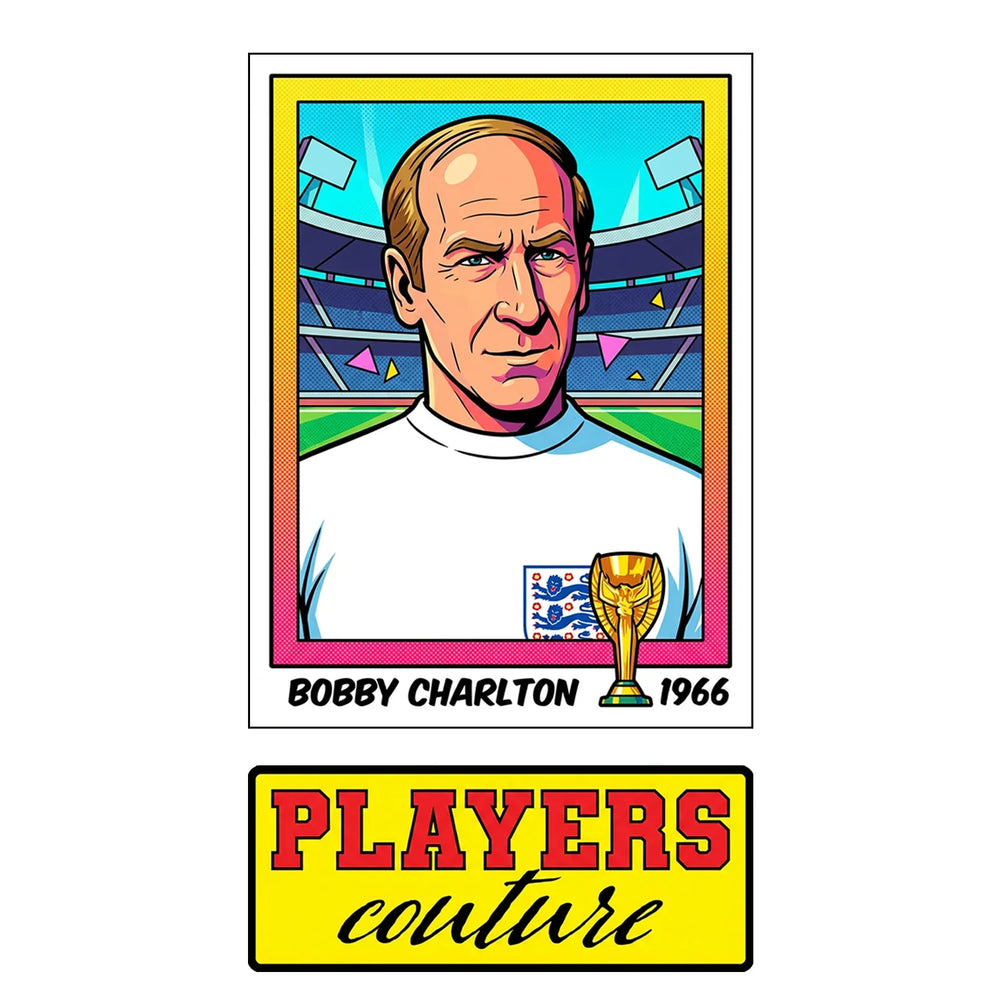 Bobby Charlton World Cup Sticker Men's T-Shirt – close-up detail shot of the Bobby Charlton World Cup Players Couture logo