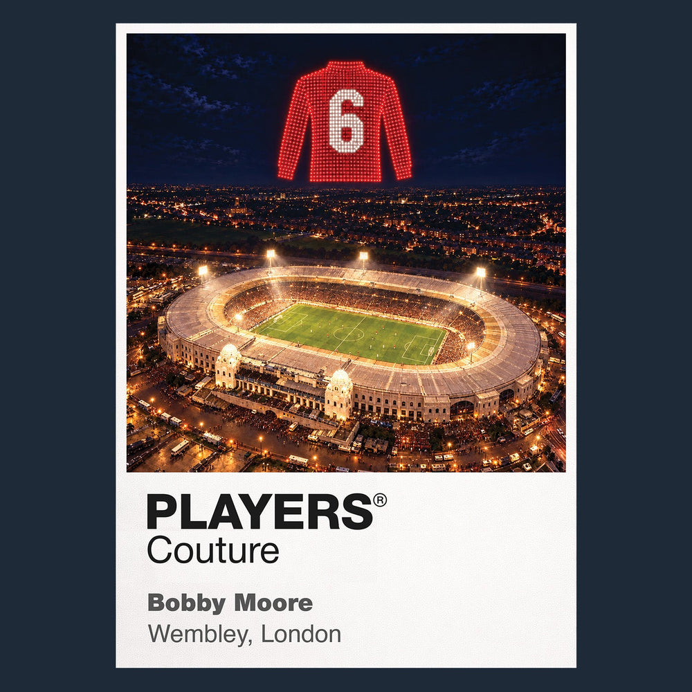 Bobby Moore England number 6 Icons in Lights Frame artwork in navy