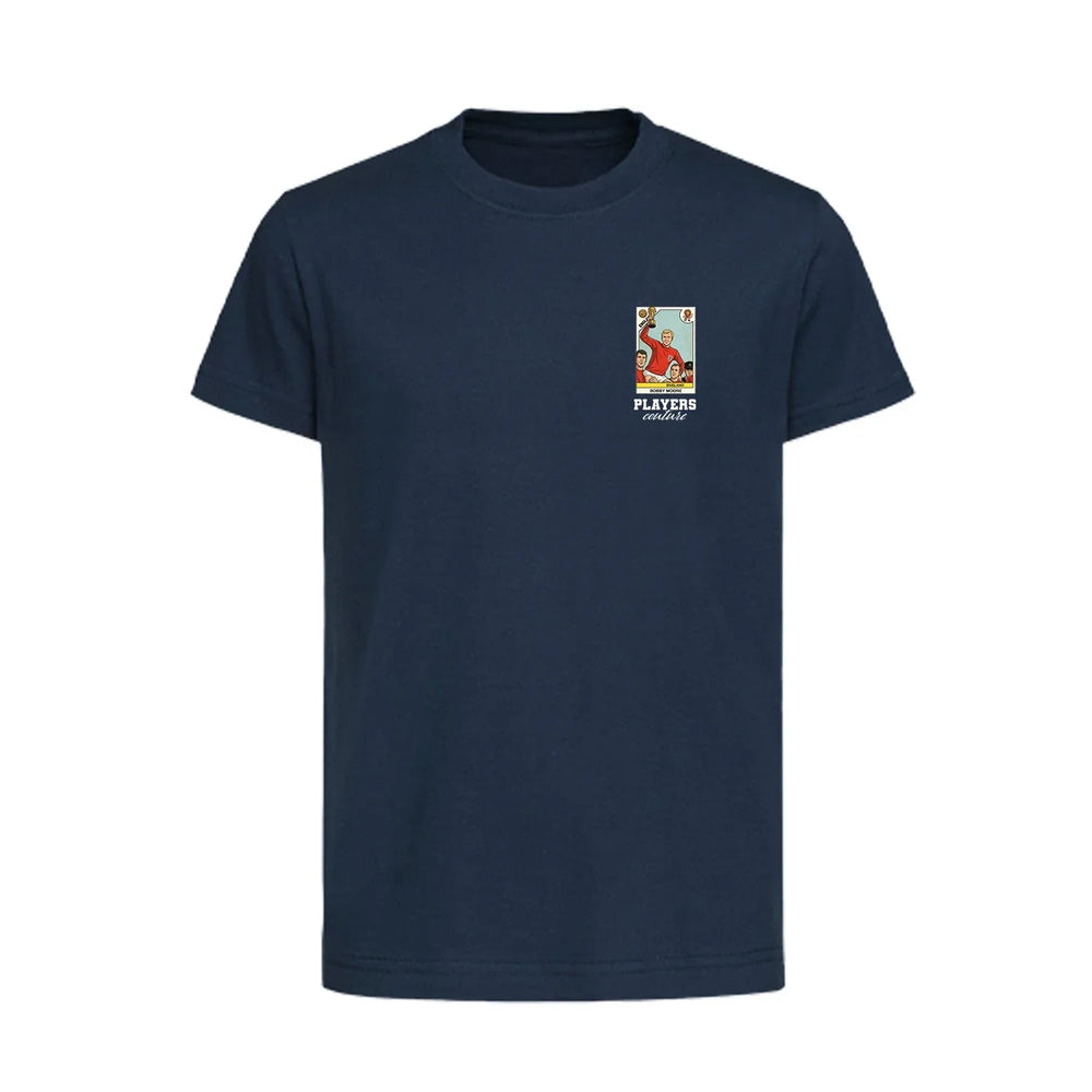 Bobby Moore World Cup Sticker Kids T-Shirt – bobby moore sticker kids navy tshirt Players Couture design