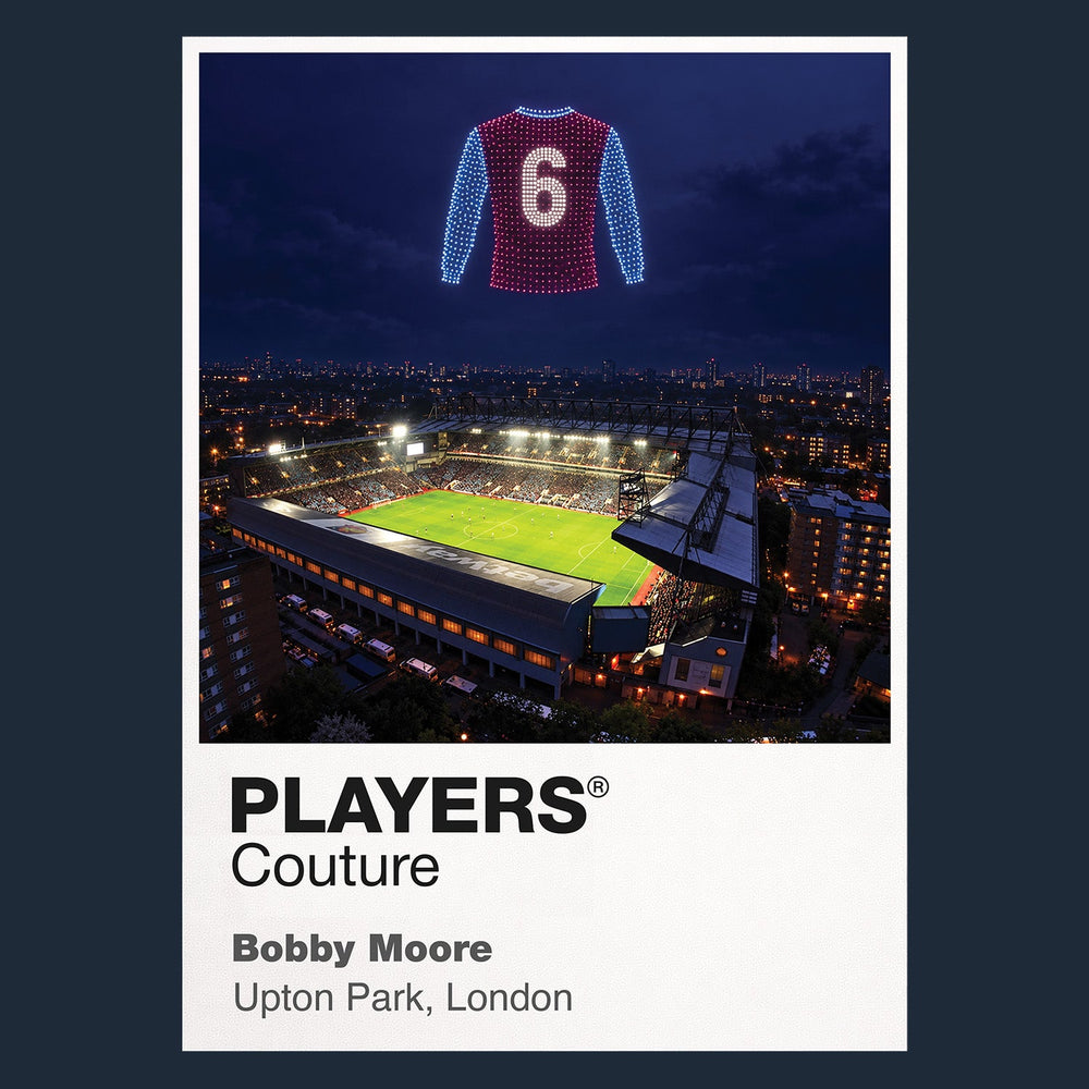 Bobby Moore West Ham United number 6 Icons in Lights Frame artwork in navy