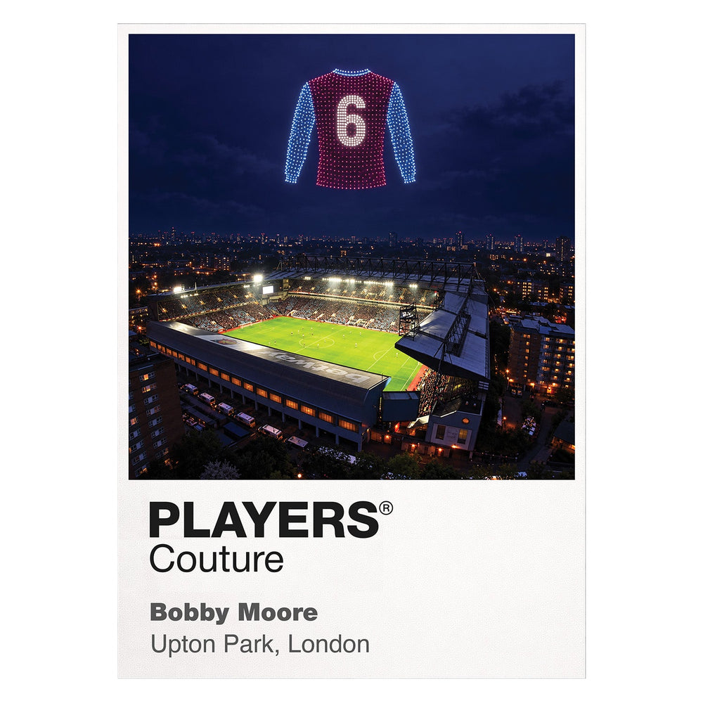 Bobby Moore West Ham United number 6 Icons in Lights Frame artwork in white