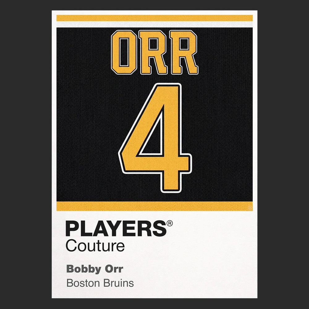 Bobby Orr 4 Jersey Frame Men's T-Shirt – black close-up detail shot of the Bobby Orr 4 Players Couture logo design