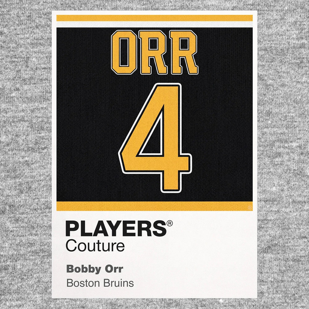 Bobby Orr 4 Jersey Frame Men's T-Shirt – grey close-up detail shot of the Bobby Orr 4 Players Couture logo design