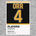 Bobby Orr 4 Jersey Frame Men's T-Shirt – grey close-up detail shot of the Bobby Orr 4 Players Couture logo design
