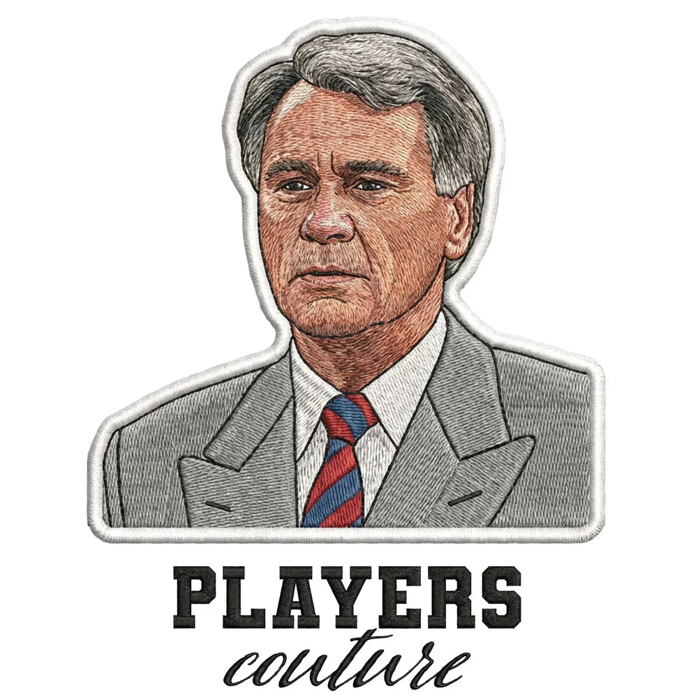 Bobby Robson Badge Men's T-Shirt – white close-up detail shot of the Bobby Robson Players Couture logo design