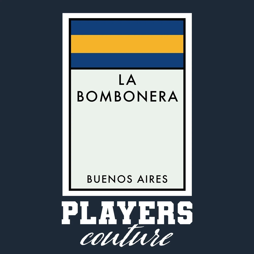Boca Juniors Monopoly Card t-shirt – navy men's t-shirt with white Boca Juniors Monopoly Card letters and Players Couture