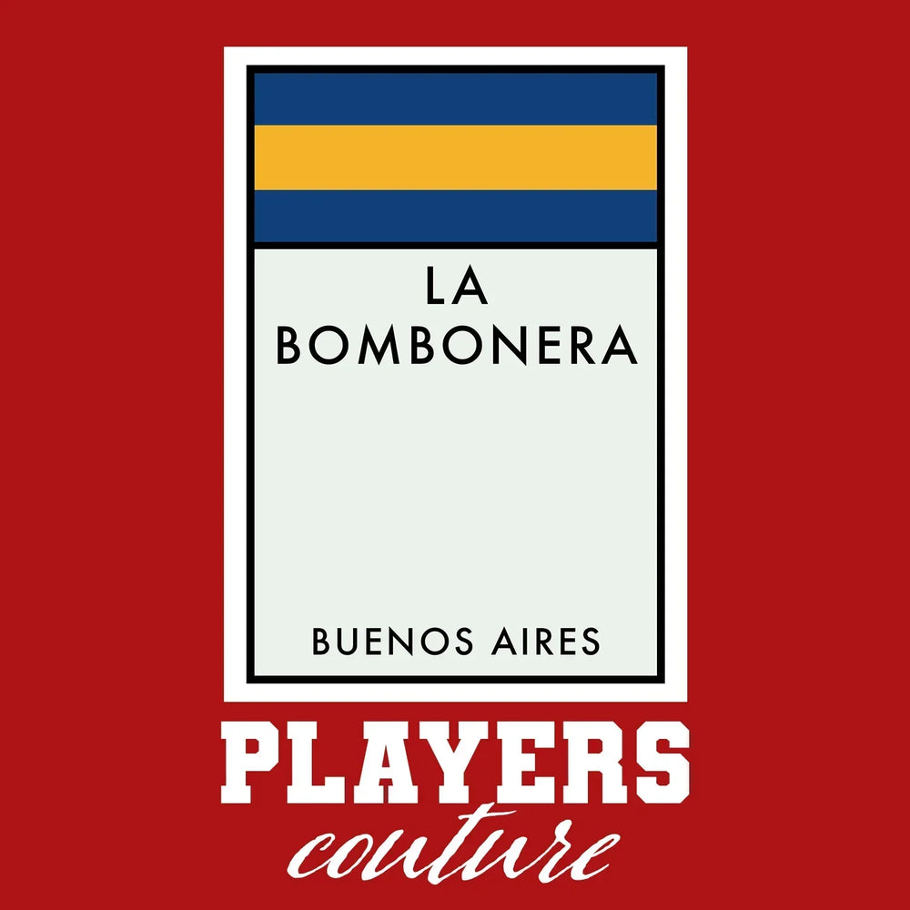 Boca Juniors Monopoly Card t-shirt – red men's t-shirt with white Boca Juniors Monopoly Card letters and Players Couture