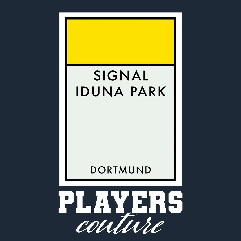 Borussia Dortmund Monopoly Card t-shirt – navy men's t-shirt with white Borussia Dortmund Monopoly Card letters and Players