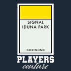 Borussia Dortmund Monopoly Card t-shirt – navy men's t-shirt with white Borussia Dortmund Monopoly Card letters and Players