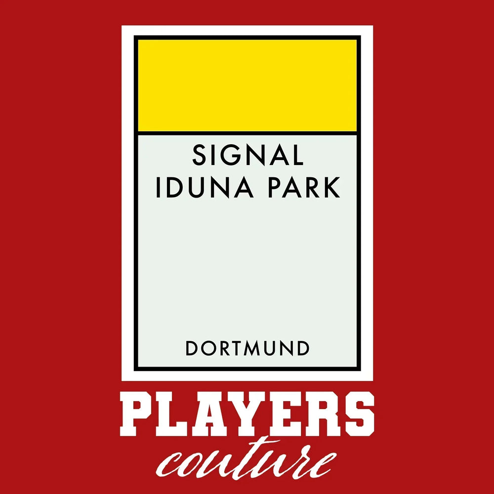 Borussia Dortmund Monopoly Card t-shirt – red men's t-shirt with white Borussia Dortmund Monopoly Card letters and Players