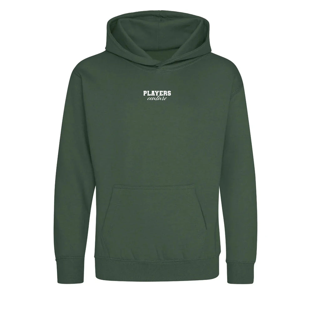 Essentials Collection hoodie – green kids' hoodie with white Essentials Collection letters and Players Couture logo on the