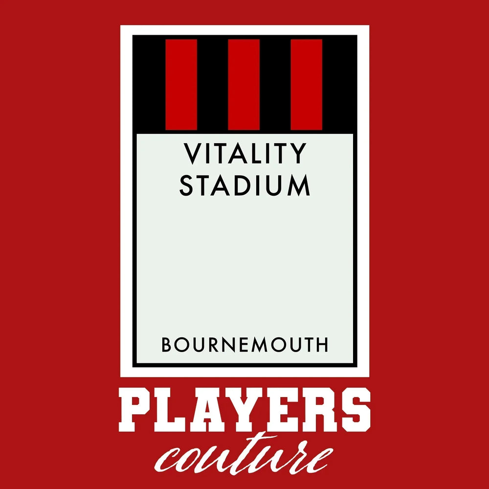 Bournemouth Monopoly Card t-shirt – red men's t-shirt with white Bournemouth Monopoly Card letters and Players Couture logo