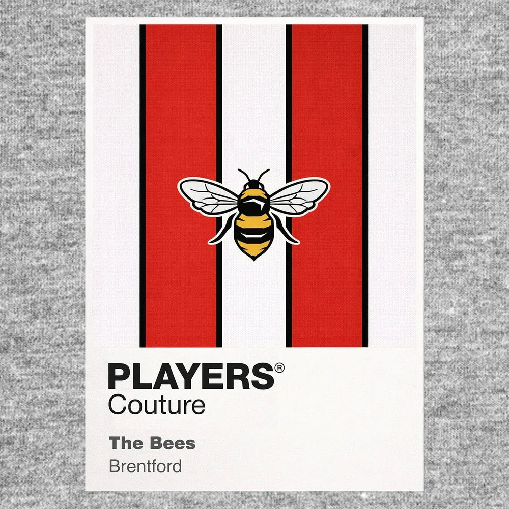 Brentford Classic Football Shirt Colours Frame Men's T-Shirt – grey close-up detail shot of the Brentford Players Couture