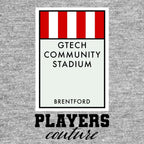 Brentford Monopoly Card t-shirt – grey men's t-shirt with black Brentford Monopoly Card letters and Players Couture logo on