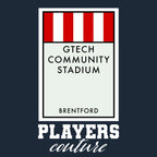 Brentford Monopoly Card t-shirt – navy men's t-shirt with white Brentford Monopoly Card letters and Players Couture logo on