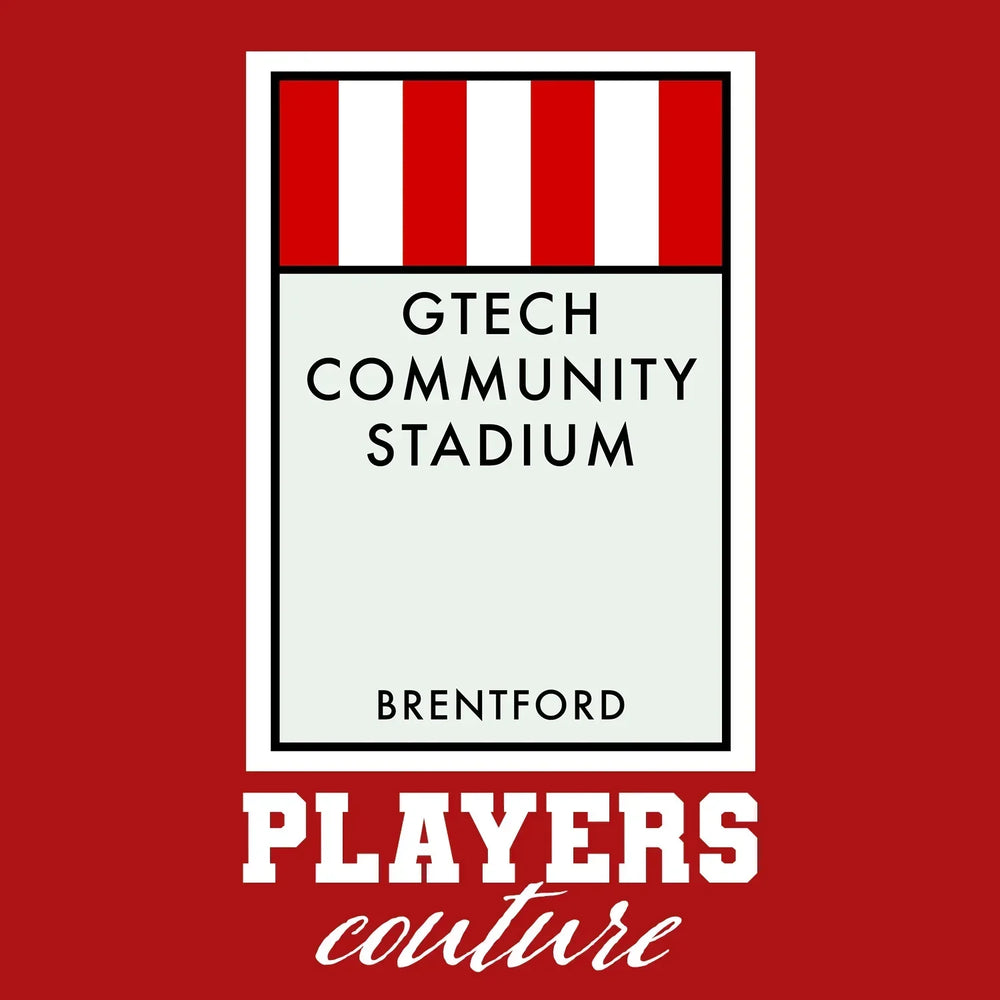 Brentford Monopoly Card t-shirt – red men's t-shirt with white Brentford Monopoly Card letters and Players Couture logo on