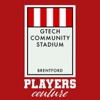 Brentford Monopoly Card t-shirt – red men's t-shirt with white Brentford Monopoly Card letters and Players Couture logo on