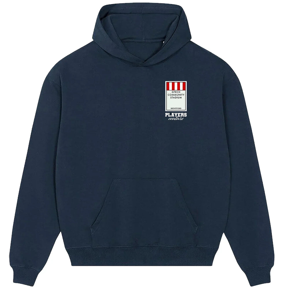 Brentford Monopoly Card hoodie – red men's hoodie with white Brentford Monopoly Card letters and Players Couture logo on the