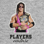 Bret Hart Badge Men's Hoodie – black close-up detail shot of the Bret Hart Players Couture logo design