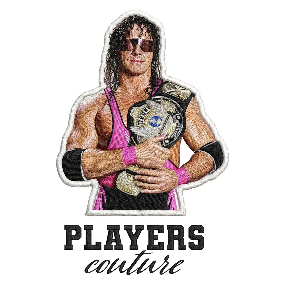 Bret Hart Badge Men's Hoodie – black close-up detail shot of the Bret Hart Players Couture logo design