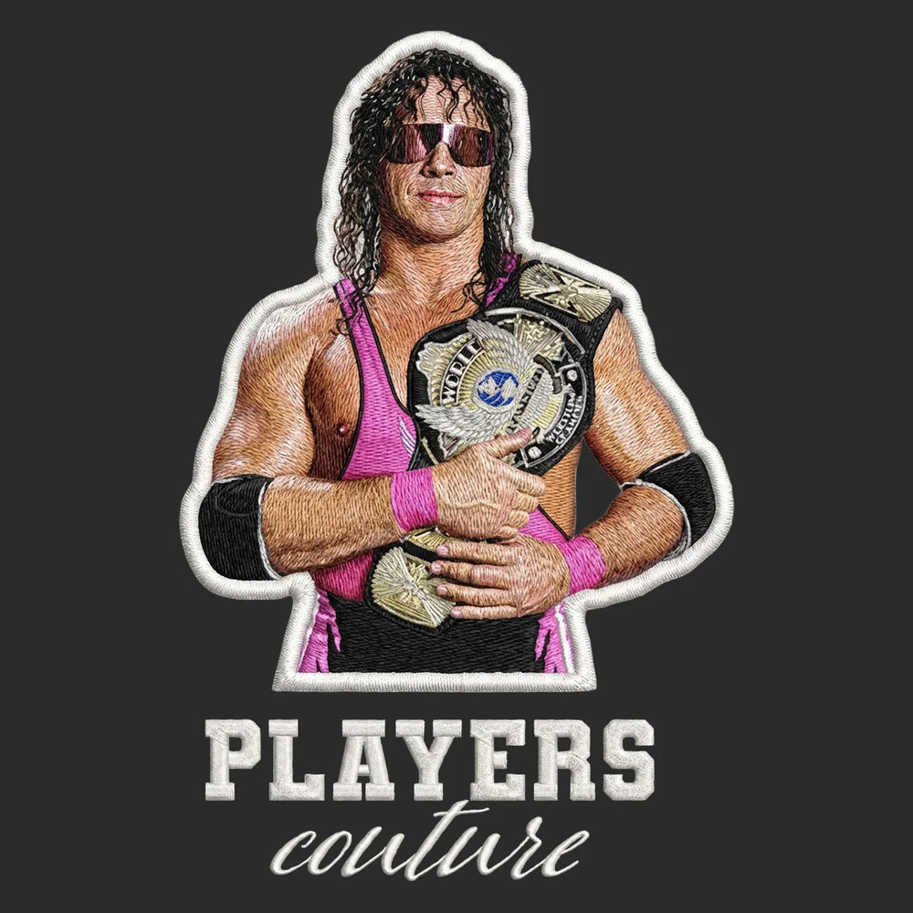 Bret Hart Badge Men's Hoodie – white close-up detail shot of the Bret Hart Players Couture logo design