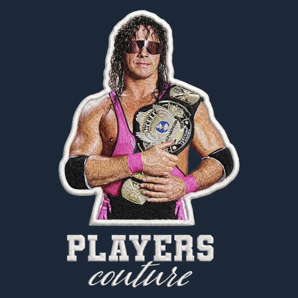 Bret Hart Badge Men's Hoodie – white close-up detail shot of the Bret Hart Players Couture logo design