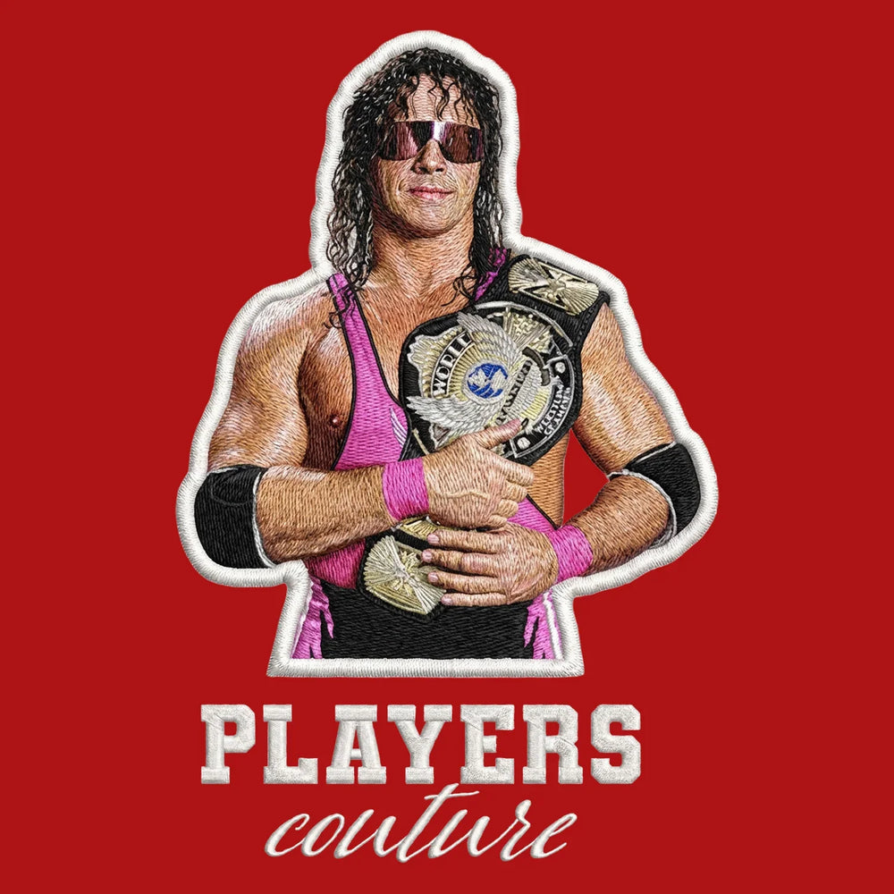 Bret Hart Badge Men's Hoodie – white close-up detail shot of the Bret Hart Players Couture logo design