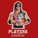 Bret Hart Badge Men's Hoodie – white close-up detail shot of the Bret Hart Players Couture logo design