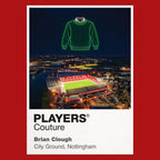 Brian Clough Nottingham Forest green sweatshirt Icons in Lights Frame artwork in red
